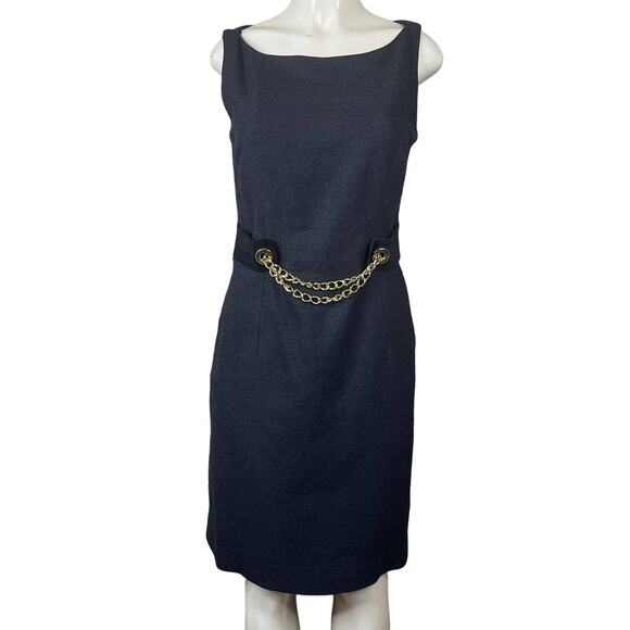 Milly of New York Gray Wool Silk Sleeveless Sheath Dress Gold Chain SZ 10 - Picture 1 of 12